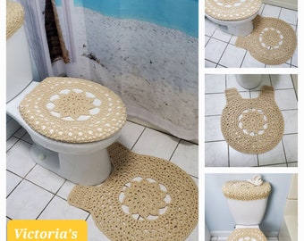 Crochet Toilet Mat, Toilet Tank Lid and Seat Covers, Bathroom Rug, Round Pedestal Mat for Toilet - cream (CTM2A or TTL30B or TSC30B)