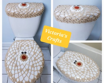 Owl Crochet Toilet Tank Lid Cover or Toilet Seat Cover, Bathroom decor - cream (TTL37A, TSC37A, or TTLTSC37A)