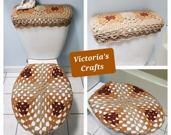 Crochet Granny Square Toilet Tank Lid Cover, Granny Triangle Toilet Seat Cover - mushroom/camel/toffee (GSTTL2A) or (GTTSC1A)