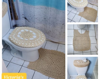 Crochet Toilet Mat, Toilet Tank Lid and Seat Covers, Bathroom Rug, Crochet Pedestal Mat for Toilet - cream (CTM1A or TTL30B or TSC30B)