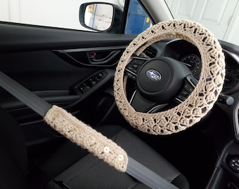 Crochet Steering Wheel Cover, Seat Belt Cover. Steering wheel cover, car accessories - cream (CSWC 01A or CSBC5B)