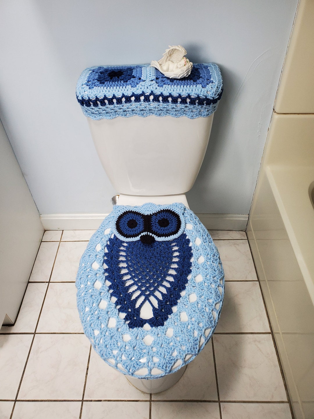 Set of Crochet Owl Toilet Seat Cover and Granny Square Toilet Tank Lid