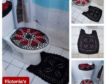 Crochet Toilet Mat, Toilet Tank Lid and Seat Covers, Bathroom Rug, Pedestal Mat for Toilet - black/wine (CTM1B, TSC29XX or TTL29XX)