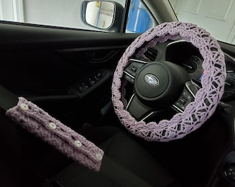 Steering Wheel Cover, Seat Belt Cover, Crochet Steering Wheel Cover, Car Accessories - pale plum-CSWC 12R or CSBC5L