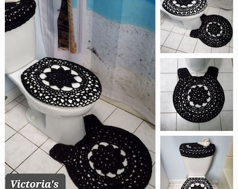 Crochet Toilet Mat, Toilet Tank Lid and Seat Covers, Bathroom Rug, Round Pedestal Mat for Toilet - black (CTM2B, TTL17Q or TSC17Q)