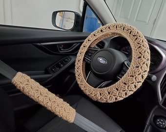 Crochet Steering Wheel Cover, Seat belt cover, Steering Wheel Cover, Car Accessories, car decor - buff (CSWC01U or CSBC5E)