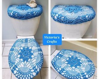 Crochet Toilet Tank Lid Cover or Toilet Seat Cover, Bathroom decor - hot blue/light blue (TTL33F/TSC33F)