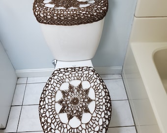 a set of 2 - a crochet toilet seat cover and a tank lid cover  - medium brown (TTLTSC30K)