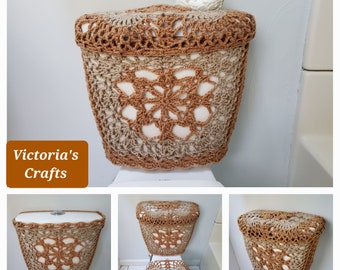 Crochet Toilet Tank Wrap, Tank Lid Cover or Toilet Seat Cover - camel/mushroom (TTW2B, TLL33G, TSC33G)