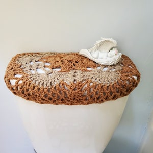 Crochet Toilet Tank Wrap, Tank Lid Cover or Toilet Seat Cover camel/mushroom TTW2B, TLL33G, TSC33G tank lid cover