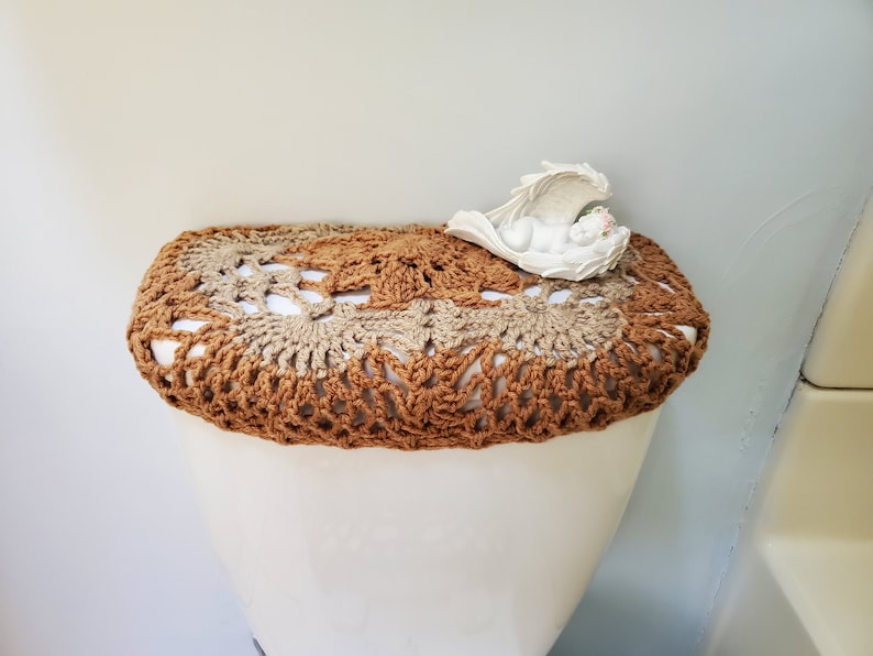 Crochet Toilet Tank Wrap, Tank Lid Cover or Toilet Seat Cover camel/mushroom TTW2B, TLL33G, TSC33G tank lid cover