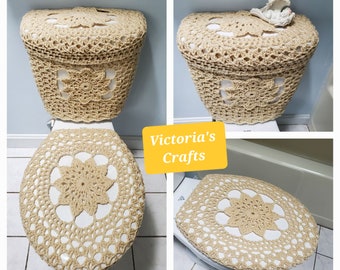 Crochet Toilet Tank Wrap, Tank Lid Cover or Toilet Seat Cover, bathroom decor - cream (TTW1A, TTL30B or TSC30B)