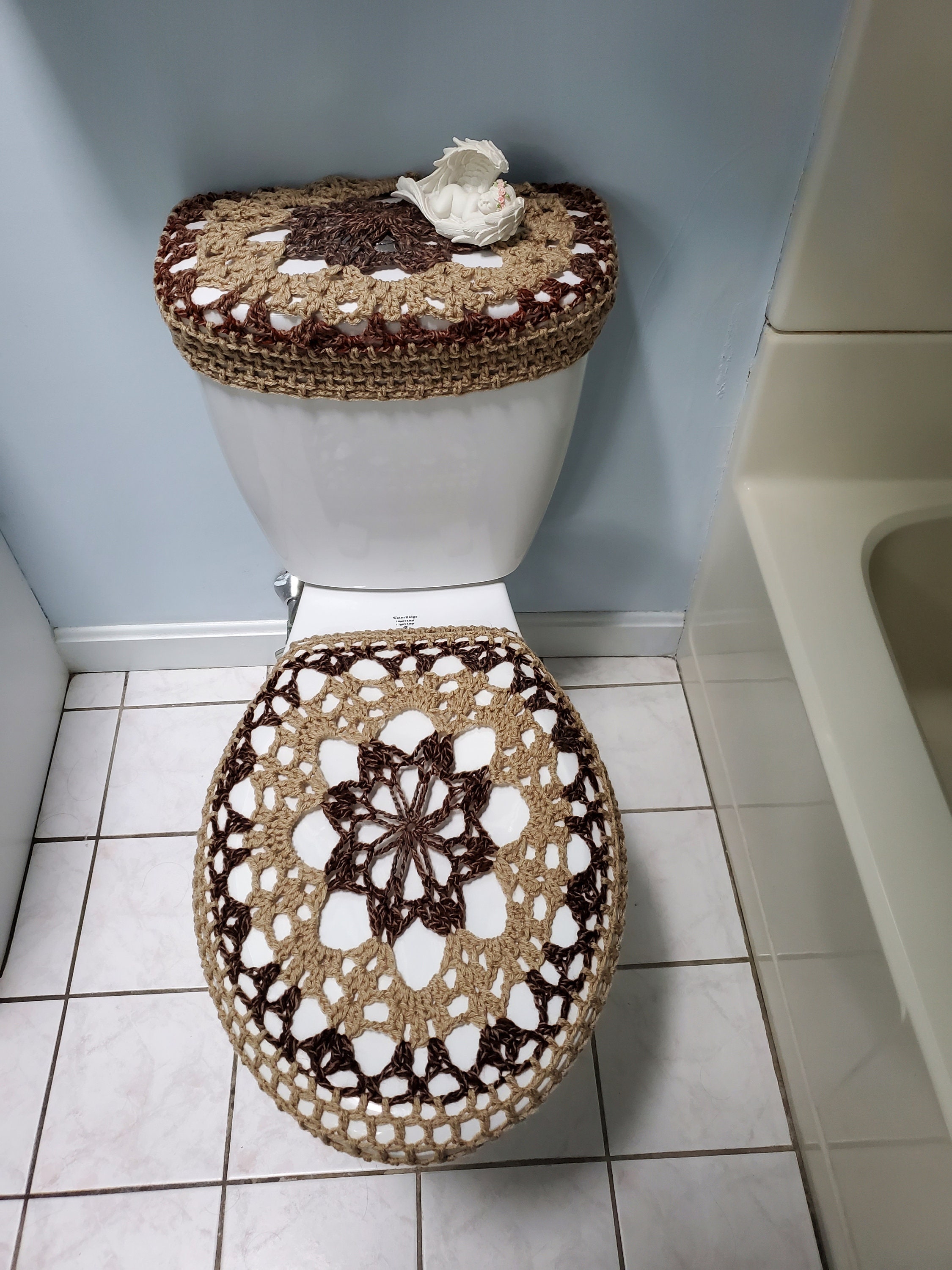A Set of 2 - a Crochet Toilet Seat Cover and a Tank Lid Cover