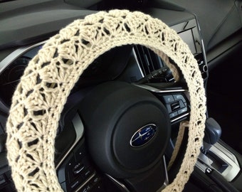 Crochet Steering Wheel Cover, steering wheel cover, car accessories, steering wheel Cozy - cream (CSWC 01A)