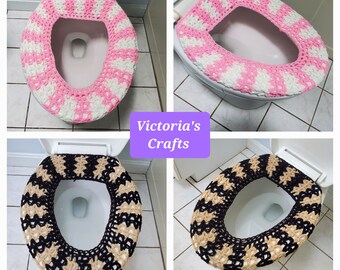 Crochet Toilet Seat Cover, toilet seat cozy, bathroom decor - petal pink/soft white (TSCY2A) &  black/buff (TSCY2B)