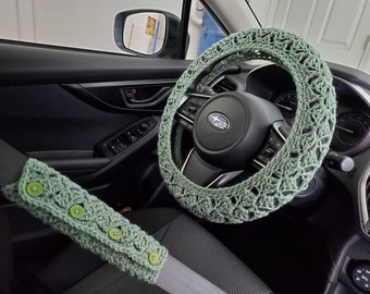 Crochet Steering Wheel Cover, Seat Belt Cover, Steering Wheel Cover, Car Accessories -light sage-CSWC01R or CSBC5A