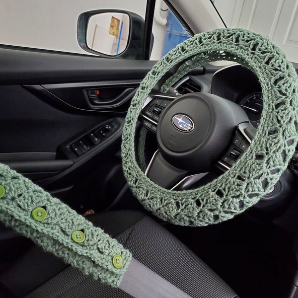 Crochet Steering Wheel Cover, Seat Belt Cover, Steering Wheel Cover, Car Accessories -light sage-CSWC01R or CSBC5A