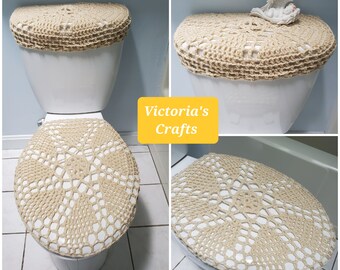 Crochet Toilet Seat Cover, tank lid cover, bathroom beauty - cream (TSC29H or TTL29H)