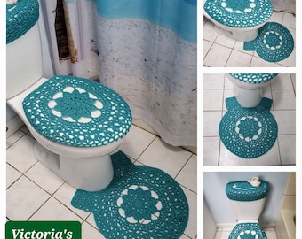 Crochet Decorative Toilet Mat, Toilet Tank Lid and Seat Covers, Bathroom Rug, Round Pedestal Mat - aqua (CTM3B, TTL30A or TSC30A)