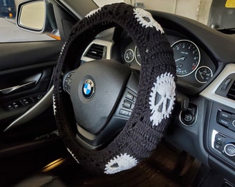 Skull Steering Wheel Cover, Skull Seat Belt Cover, Skull Center Console Cover, Skull Seat Headrest Cover, Halloween Decor- black/white