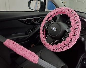 Crochet Steering Wheel Cover, Seat Belt Cover, steering wheel cover, car accessories - petal pink (CSWC 12C or CSBC5D)