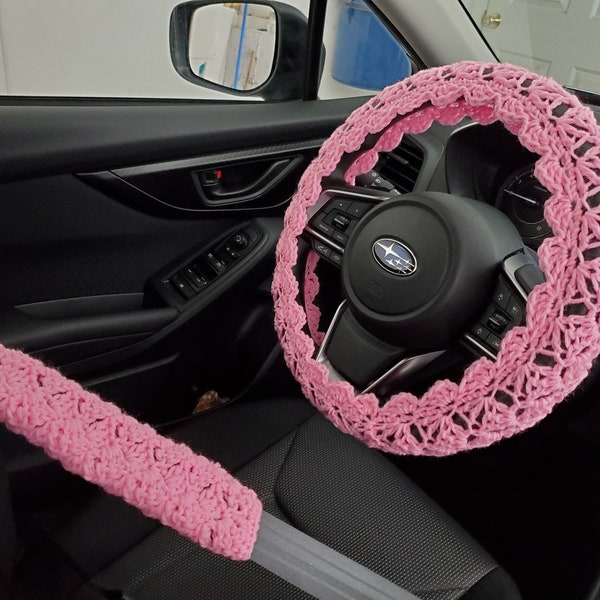 Crochet Steering Wheel Cover, Seat Belt Cover, steering wheel cover, car accessories - petal pink (CSWC 12C or CSBC5D)