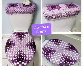 Crochet Granny Square Toilet Tank Lid Cover, Granny Triangle Toilet Seat Cover- pale plum/medium purple/dark orchid (GSTTL2B) or (GTTSC1B)