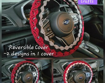 Crochet Steering Wheel Cover Reversible - 2 designs in 1 cover | Washable Acrylic Car Decor | Ready to Ship