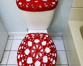 set of Crochet Toilet Tank Lid Cover or Crochet Toilet Seat Cover - red (TTLTSC32J)