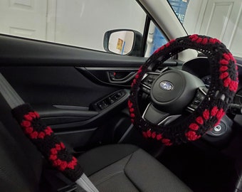 Crochet Steering Wheel Cover, Seat Belt Cover, Granny Square Steering Wheel Cover- black/wine (CGSSWC/CGSCSBC4C)