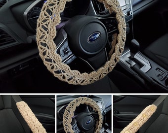 Crochet Steering Wheel Cover, Seat Belt Cover, Steering Wheel Cover, Car Accessories - buff -CSWC 12EE or CSBC5E