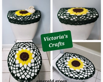 Sunflower Crochet Toilet Tank Lid Cover or Toilet Seat Cover, Bathroom decor - chocolate/bright yellow/emerald green (TTL36B or TSC36B)