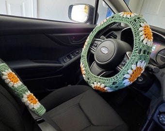 Crochet Steering Wheel Cover, Seat Belt Cover, Granny Square Steering Wheel Cover, Accessories- light sage/white/bronze (CGSSWC/CGSCSBC4A)