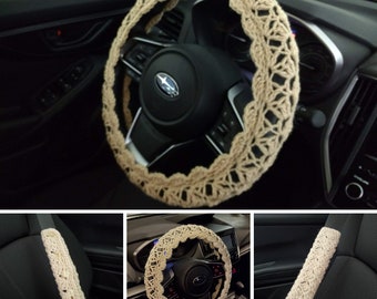 Crochet Steering Wheel Cover, Seat Belt Cover, Steering Wheel Cover, Car Accessories - cream - CSWC 12Q or CSBC5N