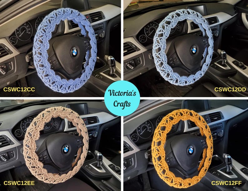 May include: Four crochet steering wheel covers in different colors: light blue, light grey, tan, and yellow-orange. Each cover is on a black steering wheel inside a car. The covers have a decorative openwork design. The text "Victoria's Crafts" is in the image.