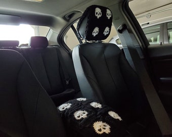 Skull Steering Wheel Cover, Skull Seat Belt Cover, Skull Center Console Cover, Skull Seat Headrest Cover, Halloween Decor- black/white