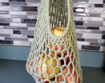 Crochet Hanging Basket, Fruit Basket, Tear drop fruit holder, vegetable Hammock, Boho Fruit Basket - CHB1A-frosty green -Sizes: S-M-L