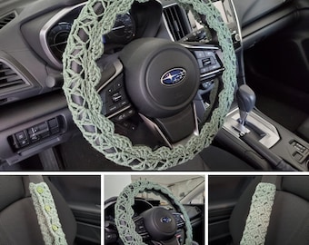 Steering Wheel Cover, Seat Belt Cover, Crochet Steering Wheel Cover, Car Accessories  - light sage- CSWC12VV or CSBC5A