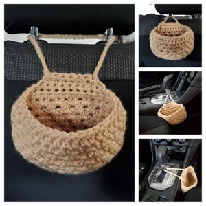 May include: A beige, crocheted car organizer basket with two handles. The basket is shown hanging from a car headrest and also from the gear shift area. The basket is made of a thick, textured yarn.