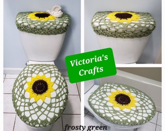 Sunflower Crochet Toilet Tank Lid Cover or Toilet Seat Cover, Bathroom decor - chocolate/bright yellow/frosty green (TTL36A or TSC36A)