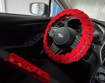 Steering wheel cover, Seat Belt Cover, Crochet Steering Wheel Cover, Wheel Cozy - red -CSWC 12P or CSBC5i