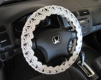 Crochet Steering Wheel Cover, Wheel Cozy - soft white (CSWC 12F) - acrylic yarn