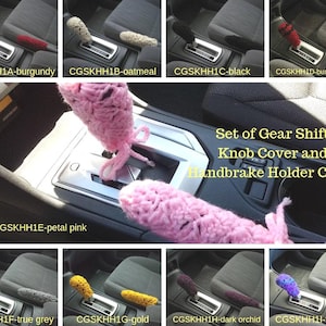 May include: Set of crocheted gear shift knob covers and handbrake holder covers in various colors, including burgundy, oatmeal, black, petal pink, true grey, gold, dark orchid, and violet mix.  "Set of Gear Shift Knob Cover and Handbrake Holder Cover" text is visible in the image.
