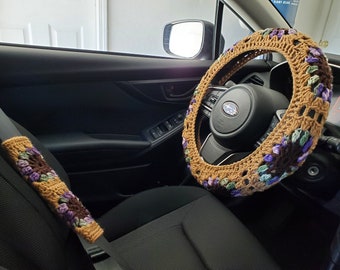 Crochet Steering Wheel Cover, Seat Belt Cover, Granny Square Steering Wheel Cover- warm brown/chocolate brown/fresh lilac (CGSSWC/CGSCSBC4B)