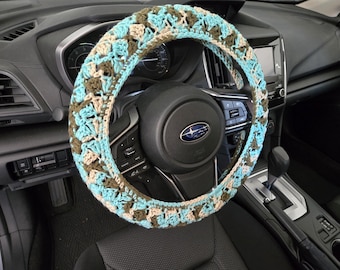 Crocheted Steering Wheel Cover | Acrylic Car Decor | Ready to Ship | sea taupe (CSWC8C)