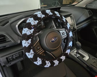 Crochet Steering Wheel Cover | Acrylic Car Decor | Ready to Ship | light blue/black (CSWC2KKK)