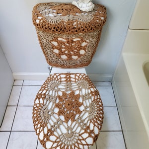 Crochet Toilet Tank Wrap, Tank Lid Cover or Toilet Seat Cover camel/mushroom TTW2B, TLL33G, TSC33G a set of three