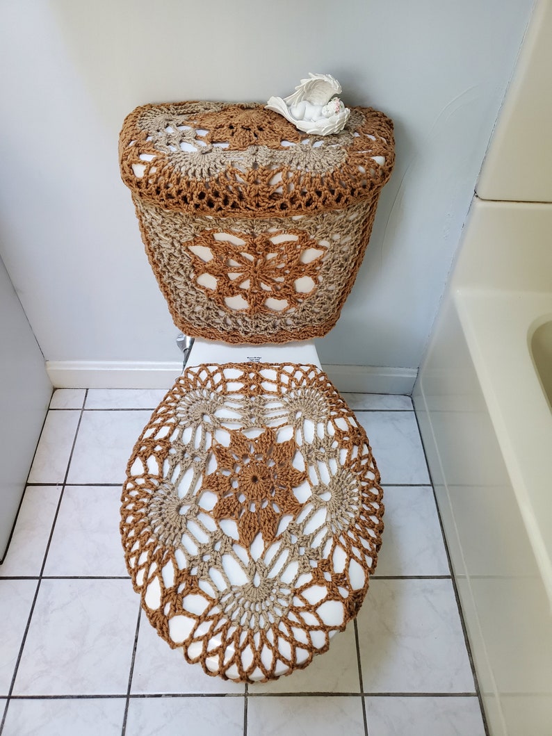 Crochet Toilet Tank Wrap, Tank Lid Cover or Toilet Seat Cover camel/mushroom TTW2B, TLL33G, TSC33G a set of three