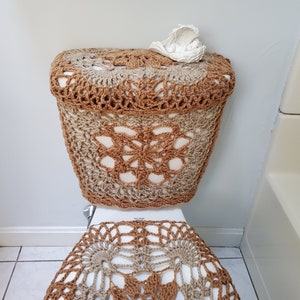 Crochet Toilet Tank Wrap, Tank Lid Cover or Toilet Seat Cover camel/mushroom TTW2B, TLL33G, TSC33G image 4