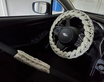 Steering Wheel Cover, Seat Belt Cover, Crochet Steering Wheel Cover, Car Accessories - soft white -CSWC 12F or CSBC5J